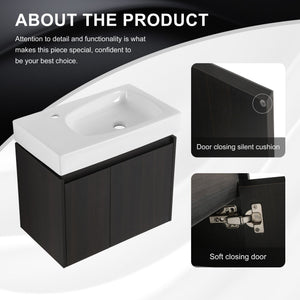 English Elm 24 Inch Bathroom Vanity Floating Ceramic Basin Sink Combo with Double-Door Wall-Mounted Storage Cabinet Durable Engineered Wood Modern Design Black W1972P190342