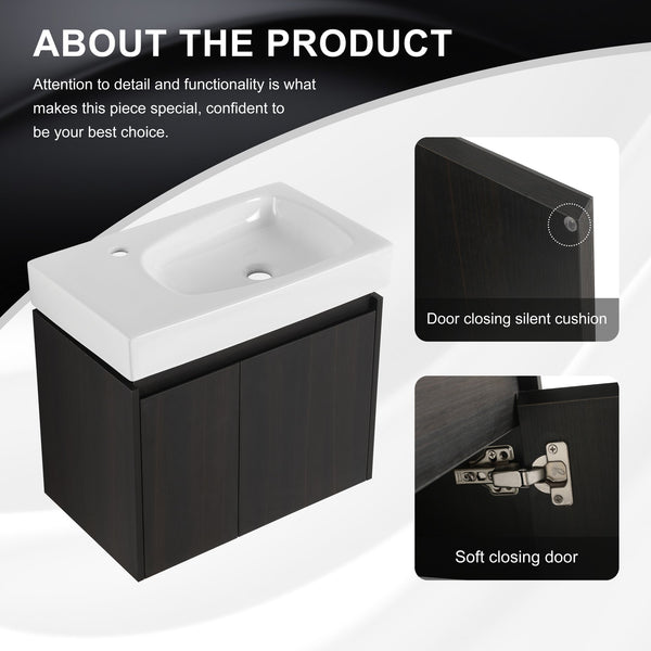 English Elm 24 Inch Bathroom Vanity Floating Ceramic Basin Sink Combo with Double-Door Wall-Mounted Storage Cabinet Durable Engineered Wood Modern Design Black W1972P190342