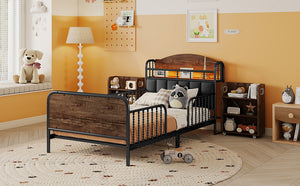 English Elm Twin Solid Wood Platform Bed with Guardrail for Kids, Low-Profile Sturdy Pine Frame, Safe Sleep Solution Black 45.87 L x 17.72 W x 11.22 H W2593P337457