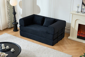 English Elm 59'' Corduroy Floor Sofa Convertible Sleeper with Bolster Pillow for Studio Living Black W3434P449858