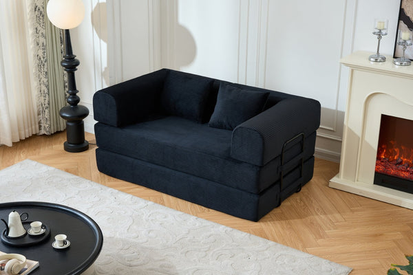 English Elm 59'' Corduroy Floor Sofa Convertible Sleeper with Bolster Pillow for Studio Living Black W3434P449858