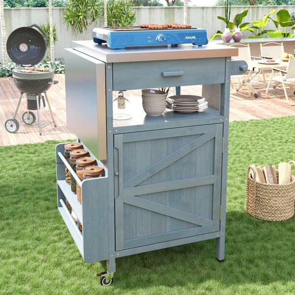 English Elm K&K 40.5" Outdoor Grill Cart with 201 Stainless Top, Solid Fir Storage, Drop Leaf & Lockable Wheels Blue+Grey N707P228272G