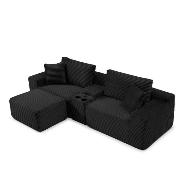 English Elm Modular Cloud Sectional Sofa with Corduroy Deep Seating Usb Ports and Storage Ottoman Black W1117S00360