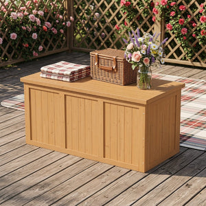 English Elm 67 Gallon Solid Wood Outdoor Deck Box with Hinged Lid Doubles as Patio Bench Seat W2640P327217