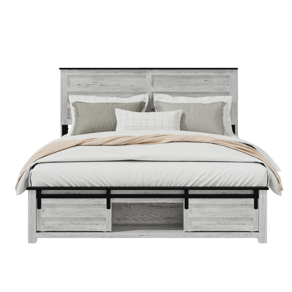 English Elm Queen Farmhouse Platform Bed Antique White Wood Frame Led Lighting and Charging Station W636P209999