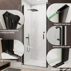 English Elm 32-34 in Frameless Pivot Shower Door Clear Tempered Glass with Matte Black Hardware W63777029