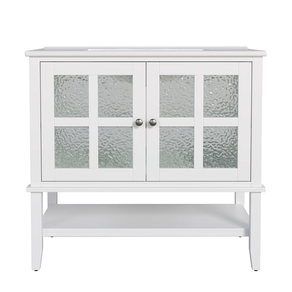 English Elm Christopher Knight Home® - 36" Bathroom Vanity with Ceramic Sink, Solid Wood Legs, Waterproof Finish, Soft-Close Hinges, Open Shelf, Silver Knobs White N817P286249W