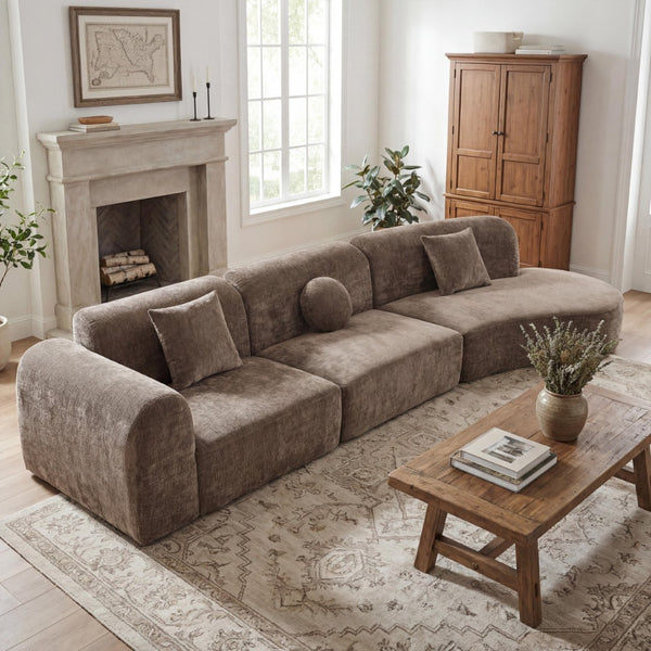 English Elm 140" Curved Sectional Sofa Plush Lamb Wool Upholstery 3 Piece Modular Living Room Set Brown N767P384981R