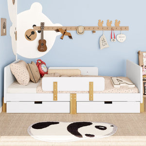 English Elm Twin Low Profile Kids Floor Bed Pine Wood Frame with Safety Rail and Built in Bookshelf Light White W1580P373241