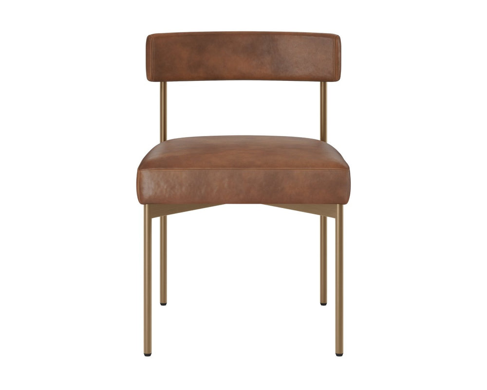 Sunpan SENECA Dining Chair - Chic Bravo Cognac Faux Leather with Antique Brass Frame for Modern Spaces 112566