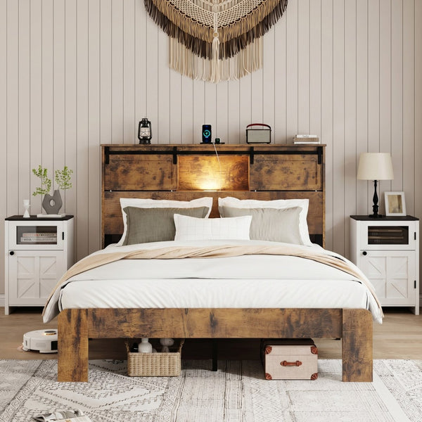 English Elm Queen Metal Platform Bed Dark Brown Storage Headboard with Usb Charging No Box Spring W636P419871