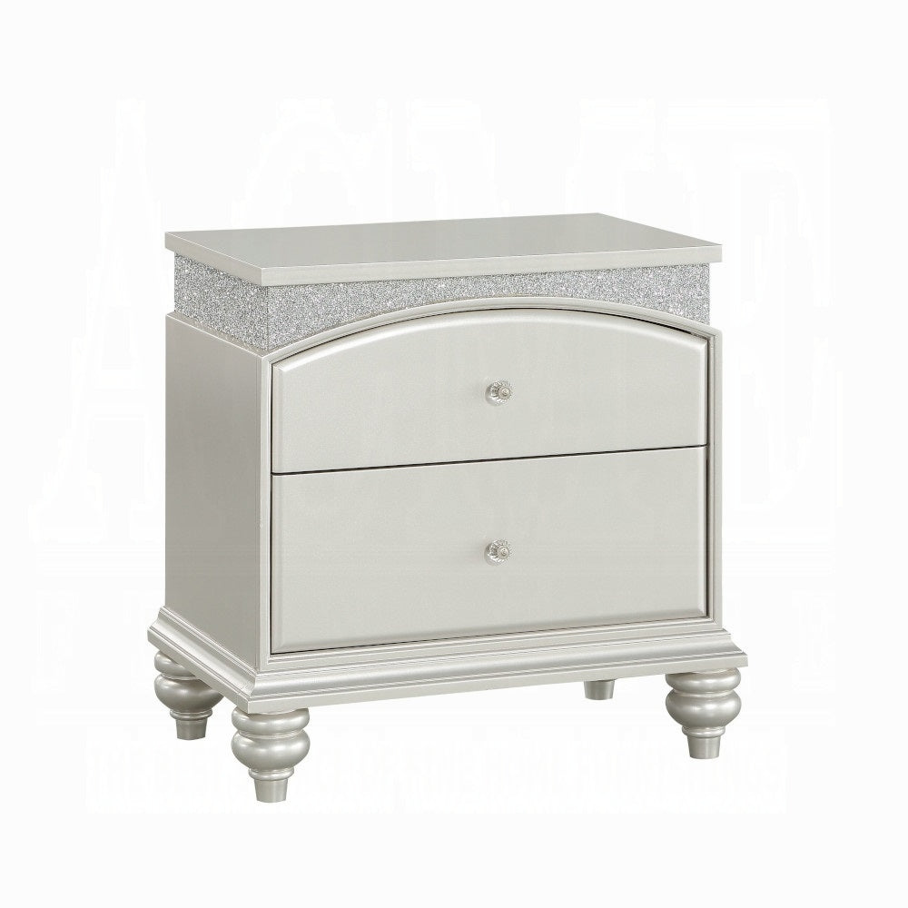 English Elm Platinum Glam Nightstand with 2 Drawers, Rhinestone Inlay, Arched Top Drawer & Bun Legs, 28" W B2741P322566