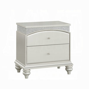 English Elm Platinum Glam Nightstand with 2 Drawers, Rhinestone Inlay, Arched Top Drawer & Bun Legs, 28" W B2741P322566