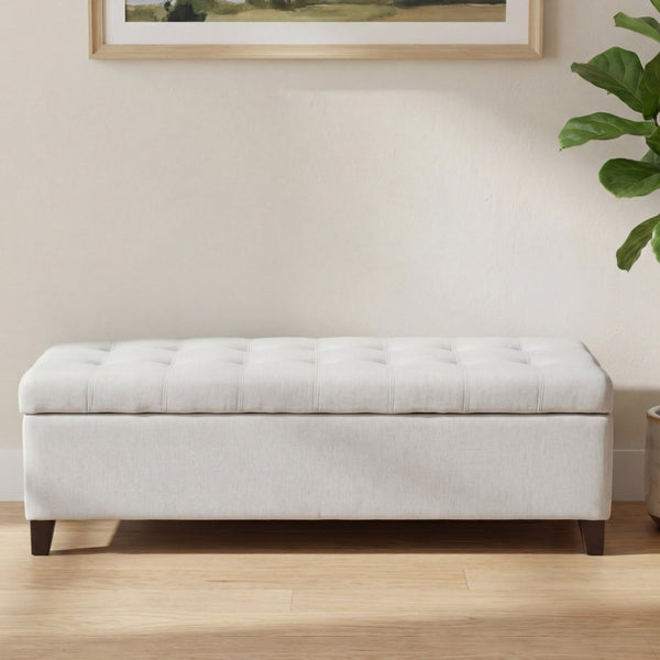 English Elm Upholstered Boucle Storage Bench Soft Close Flip Top Rubberwood Legs Bedroom Entryway Light Grey N779P395018L