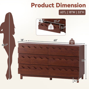 English Elm 60" Wave Front Six Drawer Dresser Sculptural Engineered Wood Media Console for Bedroom Walnut N739S0000011D