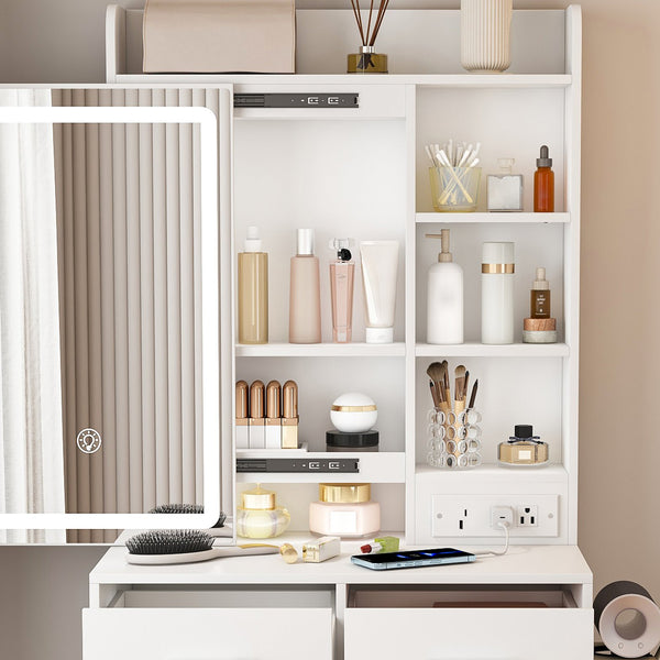 English Elm Small Makeup Vanity Desk with LED Mirror, USB/AC Ports, Hair Dryer Stand, Stool & Hidden Storage W2699P296515