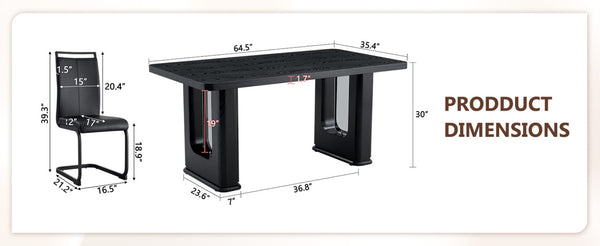 English Elm Table 7-Piece Dining Set: Stylish Black Wood & Glass Finish With 6 Comfortable Pu Chairs & Arched Legs W1151S04305-GIGA