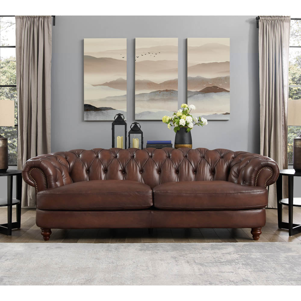 English Elm Newport Hand-Finished Leather Sofa with Nailhead Trim, Serpentine Front Rail & Turned Wood Legs B2705P211810