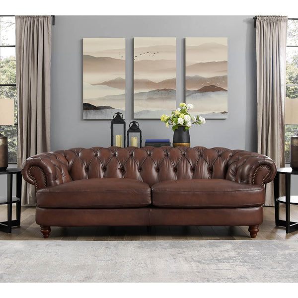 English Elm Newport Hand-Finished Leather Sofa with Nailhead Trim, Serpentine Front Rail & Turned Wood Legs B2705P211810