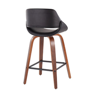 English Elm Fabrico Mid-Century Modern Counter Stool Set Of 2 In Walnut & Black Faux Leather With 360° Swivel B202S00256