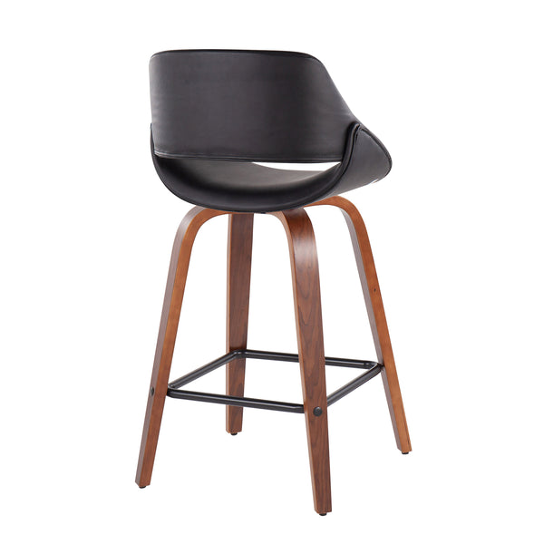 English Elm Fabrico Mid-Century Modern Counter Stool Set Of 2 In Walnut & Black Faux Leather With 360° Swivel B202S00256