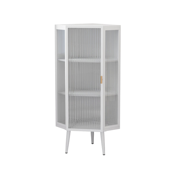 English Elm 22.25'' Floor Corner Cabinet with Tempered Glass Doors, Three-Tier Metal Frame Storage for Home White W757P180793