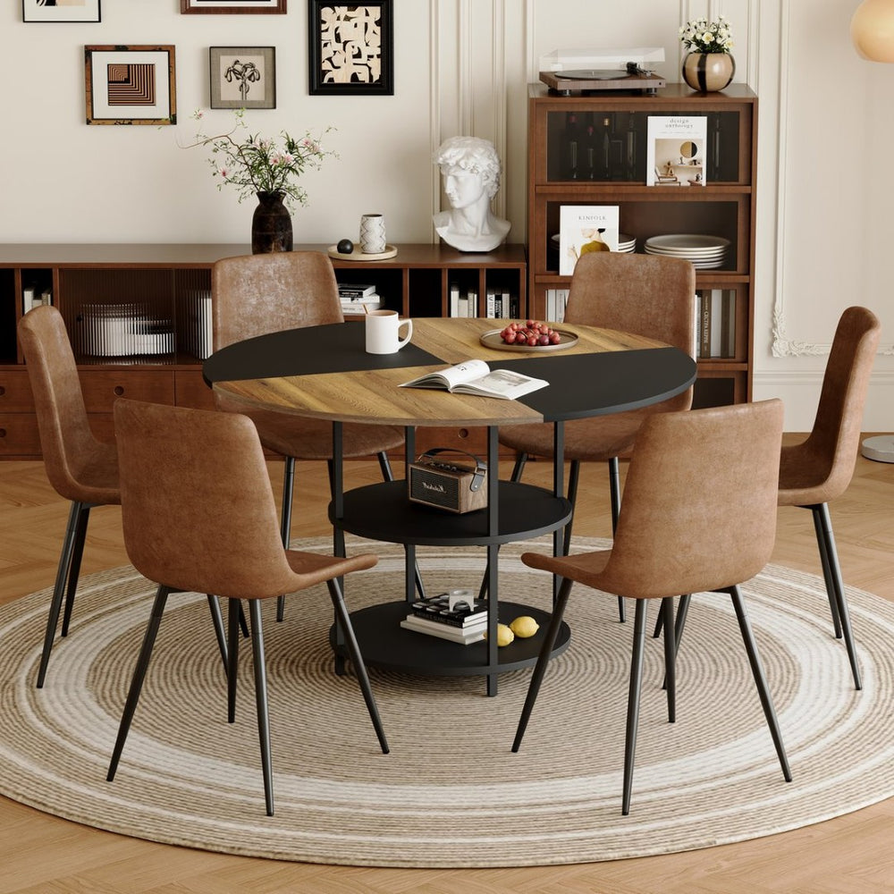 English Elm Table and Chair Set 47 Inch Round Geometric Two-tone Dining with Storage Base W1151S03340