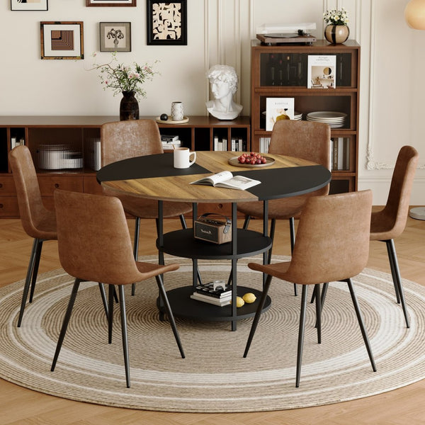 English Elm Table and Chair Set 47 Inch Round Geometric Two-tone Dining with Storage Base W1151S03340