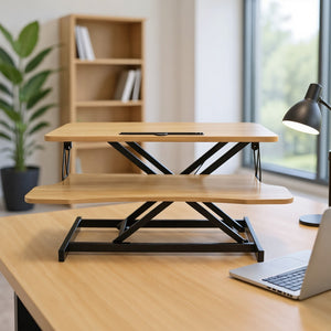 English Elm 32 Inch Sit Stand Desk Converter with Keyboard Tray Dual Monitor Ergonomic Riser Black,Natural W2641P406128