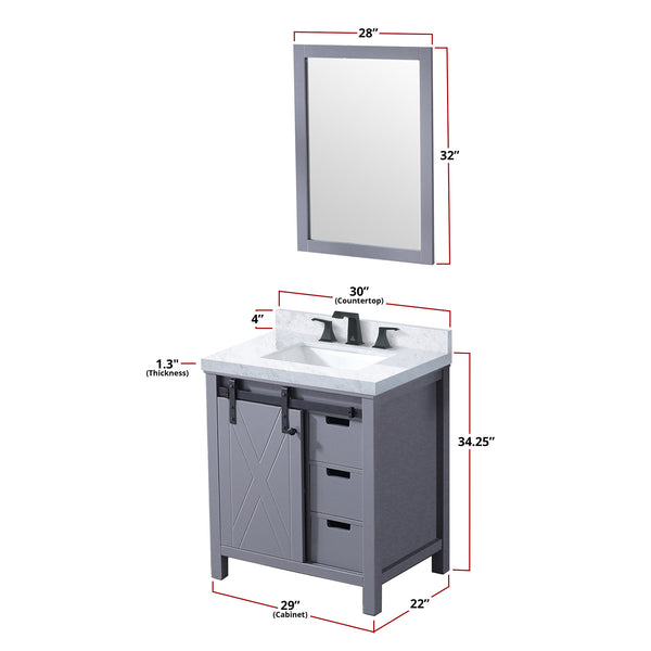 English Elm Dark Grey Bath Vanity Set With Carrara Marble Top, Matte Black Faucet & 28-Inch Mirror For Modern Spaces B2731S01273