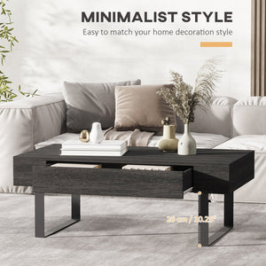 English Elm HOMCOM Rustic Mid-Century Coffee Table with Large Drawer, Wood Grain Top & Metal Sled Legs, Dark Gray W2225P249726