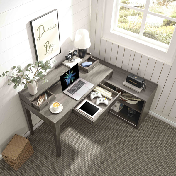 English Elm L-shaped grey workstation desk with mini hutch, reversible return, 3 drawers, sliding door credenza storage B107S00001