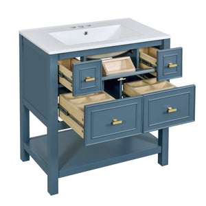 English Elm 30'' Bathroom Vanity with Ceramic Sink, Solid Wood Frame Freestanding Cabinet with 5 Drawers, Gold Knobs and Smooth Slide Rails Blue N710P247488C