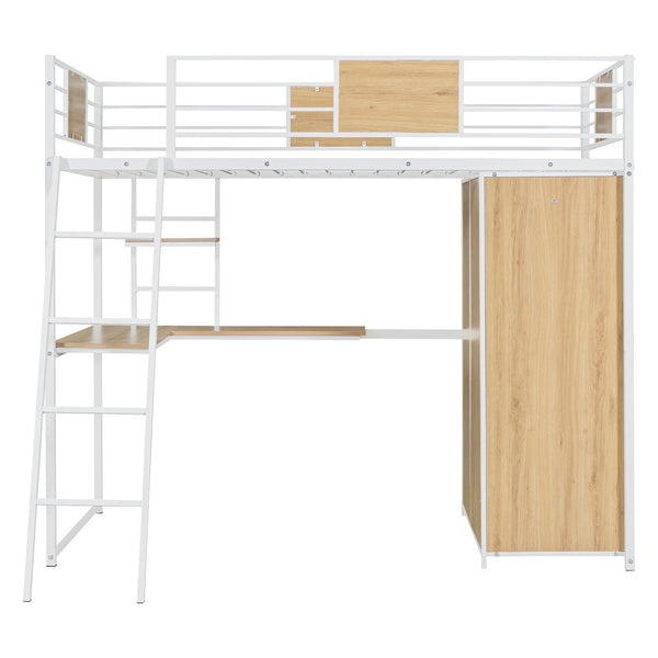 English Elm Twin Loft Bed with L-Shaped Desk and Wardrobe — Space-Saving Iron & Wood Design for Study & Storage White SF000168AAK
