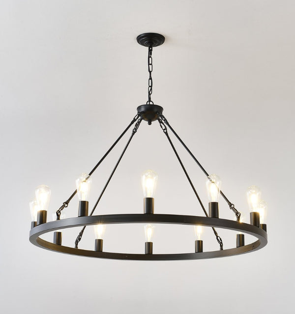 English Elm 39.4 Inch Wagon Wheel Chandelier 12-light Matte Black Farmhouse Pendant for Foyer Dining W5008P389282