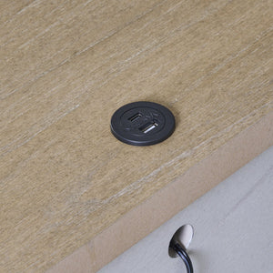 English Elm Small Teen Nightstand Cement & Sand Finish White Solid Wood Drawer USB Charging Open Shelf Modern Design — Compact Storage for Teens B2699P386482