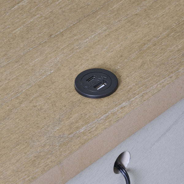 English Elm Small Teen Nightstand Cement & Sand Finish White Solid Wood Drawer USB Charging Open Shelf Modern Design — Compact Storage for Teens B2699P386482