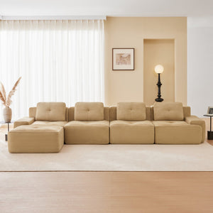 English Elm 153" Modern L-Shaped Sectional Sofa In Camel Corduroy With Movable Ottoman & Tufted Comfort Design W714S01472