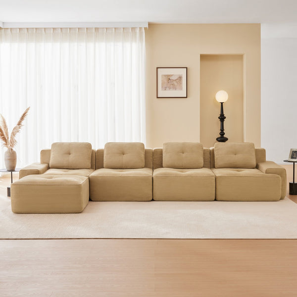 English Elm 153" Modern L-Shaped Sectional Sofa In Camel Corduroy With Movable Ottoman & Tufted Comfort Design W714S01472