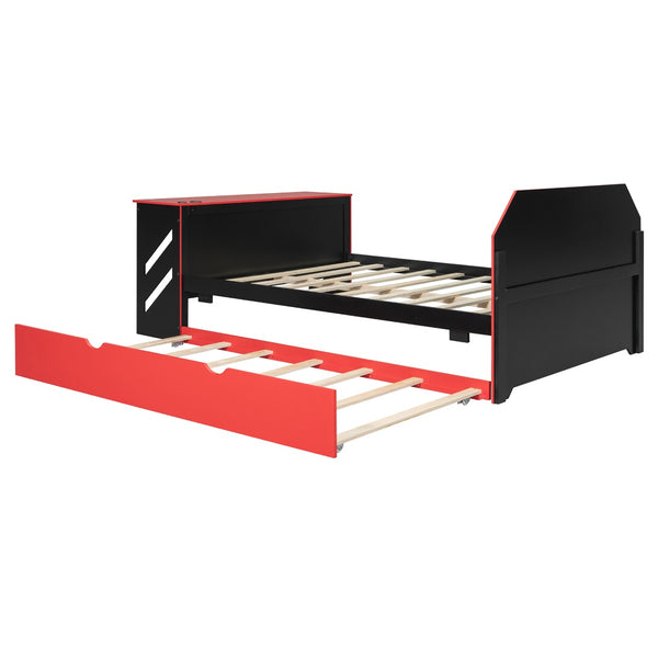 English Elm Full Size Wood Daybed with Twin Trundle Desk and Usb Charging for Teen Rooms Red LT000262AAR
