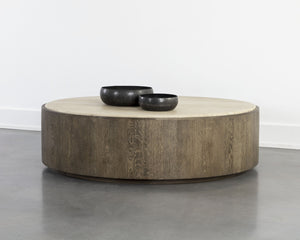 Sunpan Oberon Coffee Table – Handcrafted Round Design with Solid Travertine Top and Oak Veneer Base Large - W x 60D x 17H