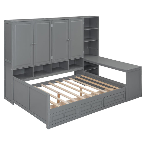 English Elm Full Size Wooden Daybed With Desk, Drawers, Shelves – Stylish Space-Saving Solution In Gray! N820S00055E