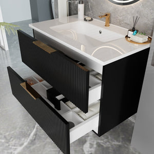 English Elm 075 Floating Wall Mounted Bathroom Vanity Cabinet with Soft Close Drawers Matte Finish Black W3520P345974