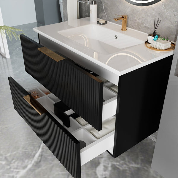 English Elm 075 Floating Wall Mounted Bathroom Vanity Cabinet with Soft Close Drawers Matte Finish Black W3520P345974