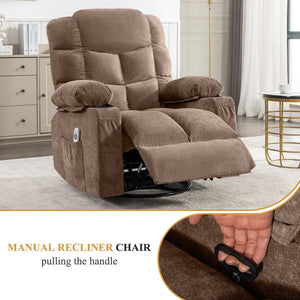 English Elm Oversized Swivel Recliner with Massage Heating Linen Upholstery and Usb Port Brown W1521P411662