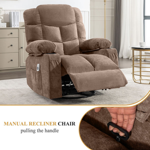 English Elm Oversized Swivel Recliner with Massage Heating Linen Upholstery and Usb Port Brown W1521P411662