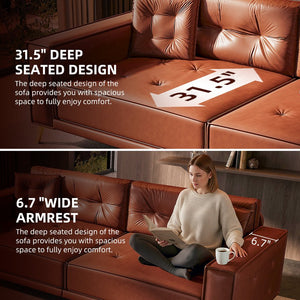 English Elm 92.1"King 3-in-1 Convertible Sleeper Sofa Bed with Tufted Faux Leather, Ultra-Wide Arms, 4-Seater Couch Light Brown W1885S00209