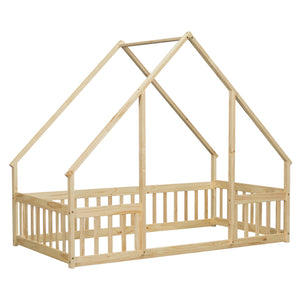 English Elm Twin Wood House-Shaped Floor Bed with Fence and Guardrails – Playful Pine Frame for Imaginative Kids Retreat Natural W504P143291