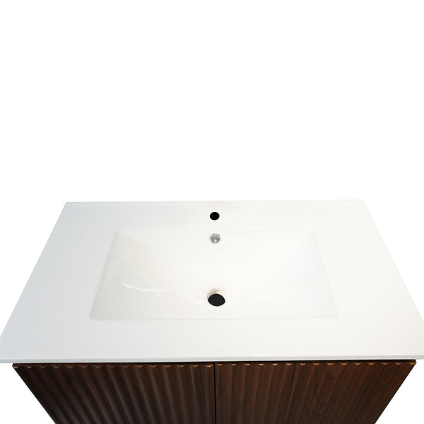 English Elm 30 Inch Floating Bathroom Vanity Fluted Wood Grain Front with Ceramic Integrated Sink Walnut W3520S00028