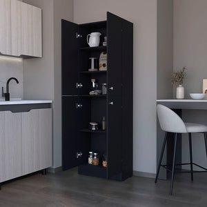 English Elm Pantry Cabinet Coahoma Black – Engineered Wood Kitchen Storage with Four Doors, Ample Shelves, Durable Design B092P191182